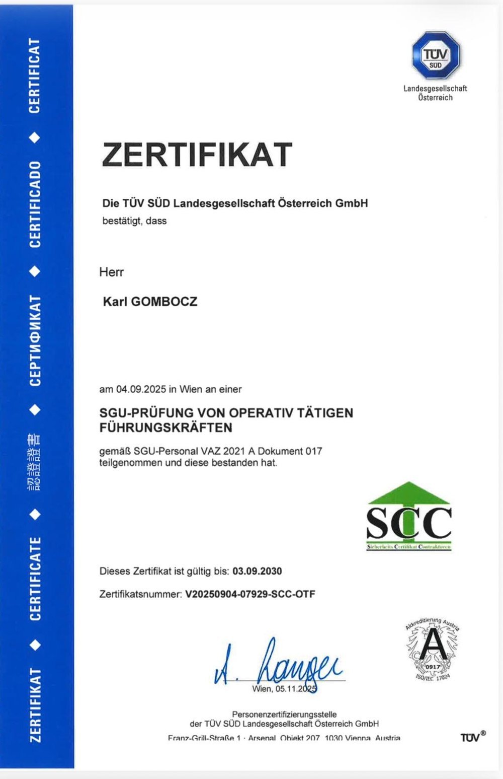 TÜV-SÜD-Zertifikat über die SGU-Prüfung von operativ tätigen Führungskräften nach SGU-Personal VAZ 2021 A, ausgestellt auf Karl Gombocz